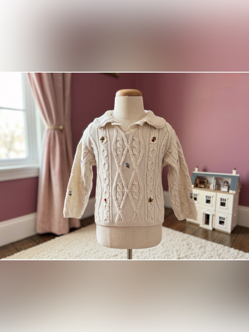 Zara Cream Cable-Knit Sweater with Tiny Floral Embroidery and Large Collar